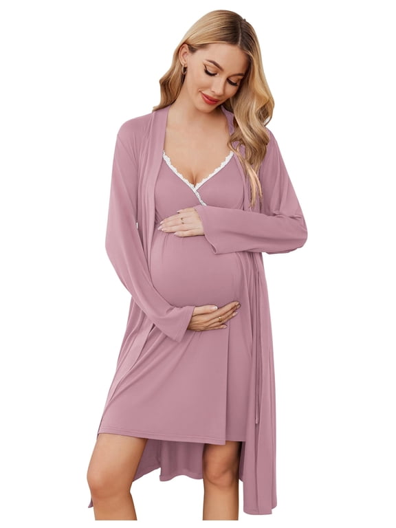 Maternity Nursing Gown and Robe Set Nursing 3 In 1 Labor Delivery Nightgowns for Hospital Breastfeeding Gowns Grey Flower Large