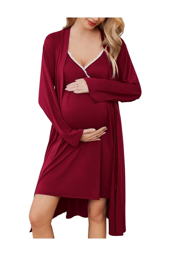 Maternity Nursing Gown and Robe Set Nursing 3 In 1 Labor Delivery Nightgowns for Hospital Breastfeeding Gowns Grey Flower Large