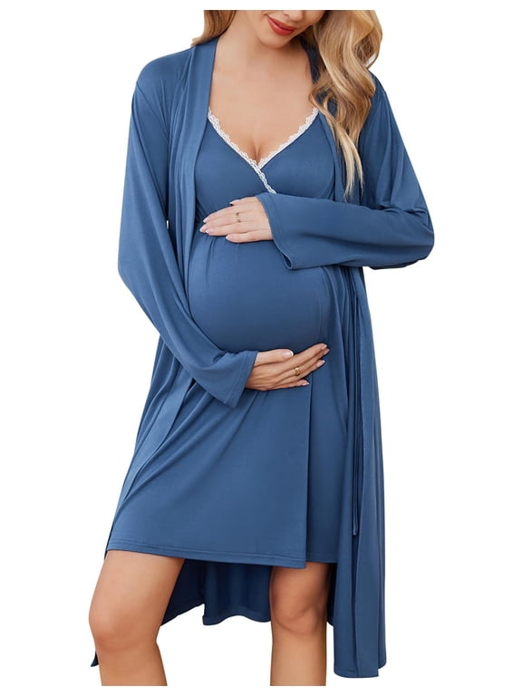 Maternity Nursing Gown and Robe Set Nursing 3 In 1 Labor Delivery Nightgowns for Hospital Breastfeeding Gowns Grey Flower Large