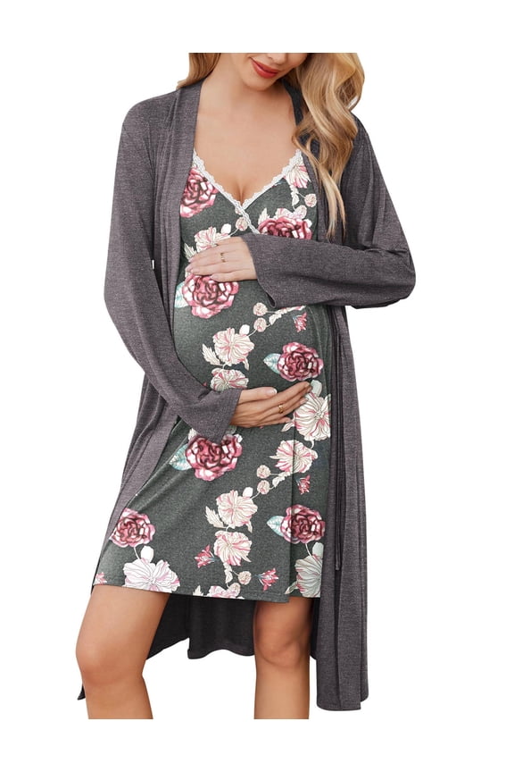 Maternity Nursing Gown and Robe Set Nursing 3 In 1 Labor Delivery Nightgowns for Hospital Breastfeeding Gowns Grey Flower Large