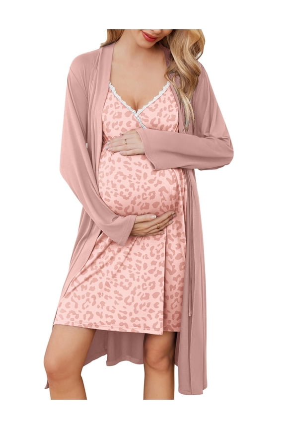 Maternity Nursing Gown and Robe Set Nursing 3 In 1 Labor Delivery Nightgowns for Hospital Breastfeeding Gowns Grey Flower Large