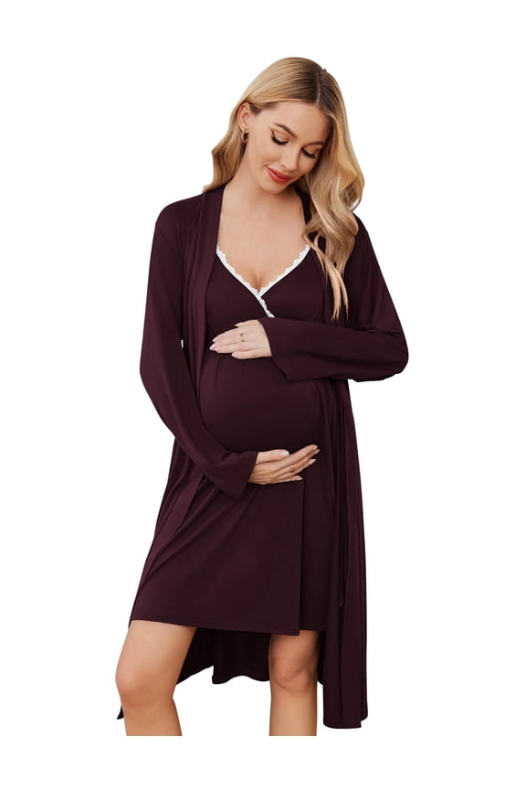 Maternity Nursing Gown and Robe Set Nursing 3 In 1 Labor Delivery Nightgowns for Hospital Breastfeeding Gowns Grey Flower Large