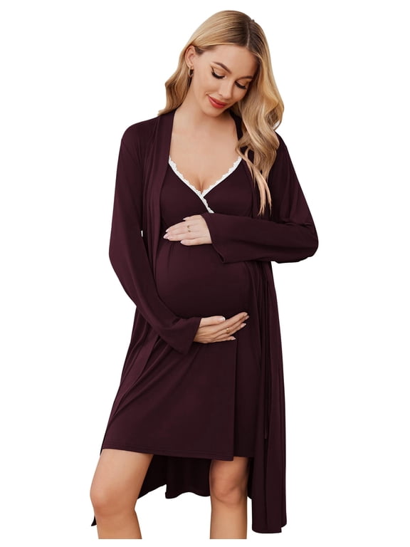 Maternity Nursing Gown and Robe Set Nursing 3 In 1 Labor Delivery Nightgowns for Hospital Breastfeeding Gowns Grey Flower Large