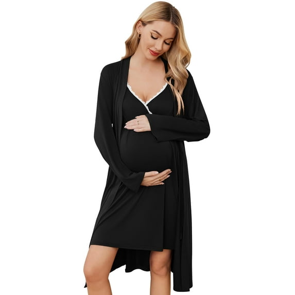 Ekouaer Maternity Nursing Gown and Robe Set Nursing 3 In 1 Labor Delivery Nightgowns for Hospital Breastfeeding Gowns Grey Flower Large