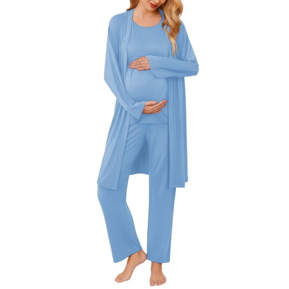 Ekouaer Maternity Nursing Robe Set 3 Pieces Sleeveless Top, Pregnancy Pants & Robe Double Layer Pajamas