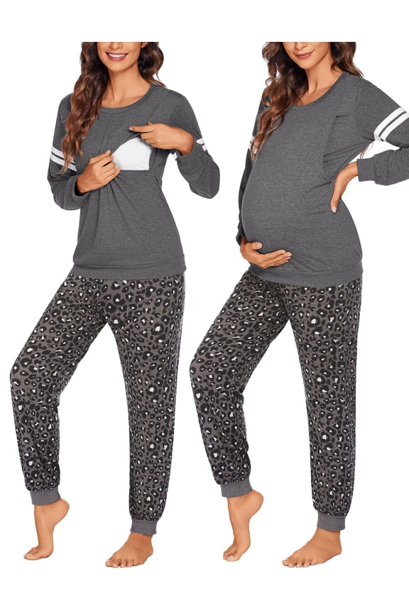 Maternity Pajama Set Nursing Pjs Women Breastfeeding Pregnancy Postpartum Clothes Long Sleeve Top & Pant with Pockets