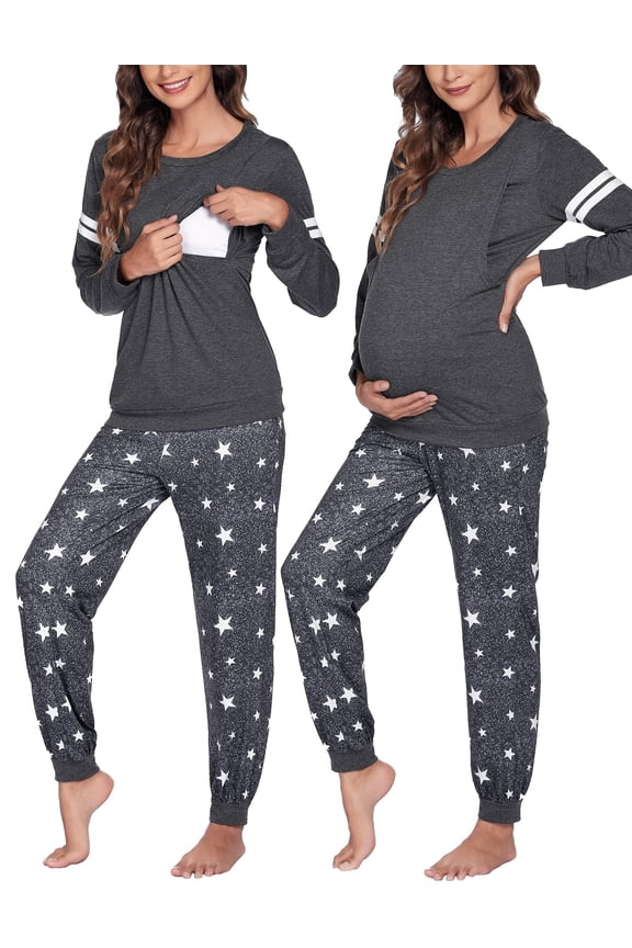 Maternity Pajama Set Nursing Pjs Women Breastfeeding Pregnancy Postpartum Clothes Long Sleeve Top & Pant with Pockets