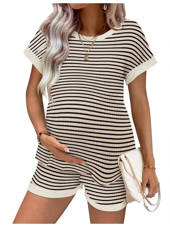 Maternity Pajamas 2 Piece Outfits Waffle Knit Short Sleeve Tops and Shorts Loungewear Set Pregnancy Clothes