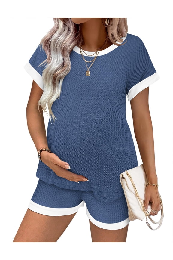 Maternity Pajamas 2 Piece Outfits Waffle Knit Short Sleeve Tops and Shorts Loungewear Set Pregnancy Clothes