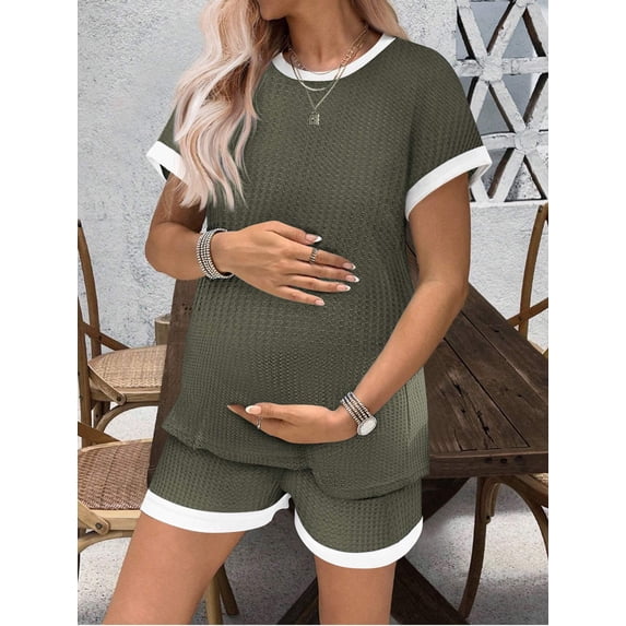 Ekouaer Maternity Pajamas 2 Piece Outfits Waffle Knit Short Sleeve Tops and Shorts Loungewear Set Pregnancy Clothes