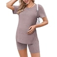 thumbnail image 1 of Ekouaer Maternity Sets 2 Piece Outfits Ribbed Knit Short Sleeve Shirts and Biker Shorts Pregnancy Loungewear Mama Clothes, 1 of 6