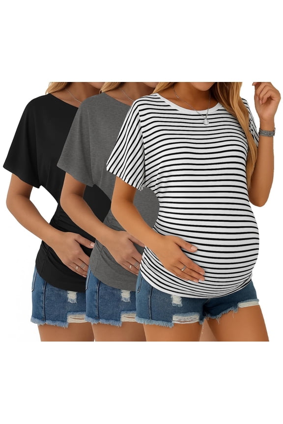 Maternity Shirts 3 Packs Dolman Sleeve Side Ruched Tops Tunic Casual Pregnancy Clothes