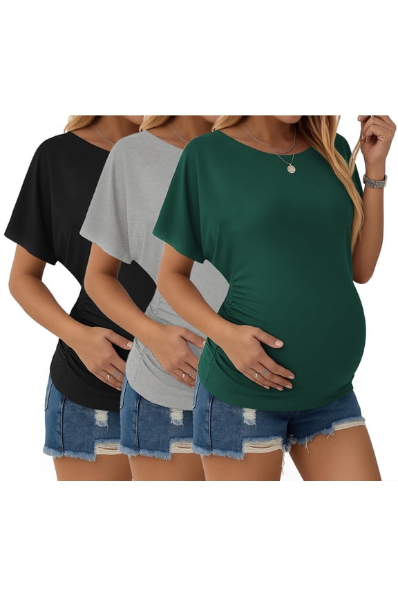 Maternity Shirts 3 Packs Dolman Sleeve Side Ruched Tops Tunic Casual Pregnancy Clothes