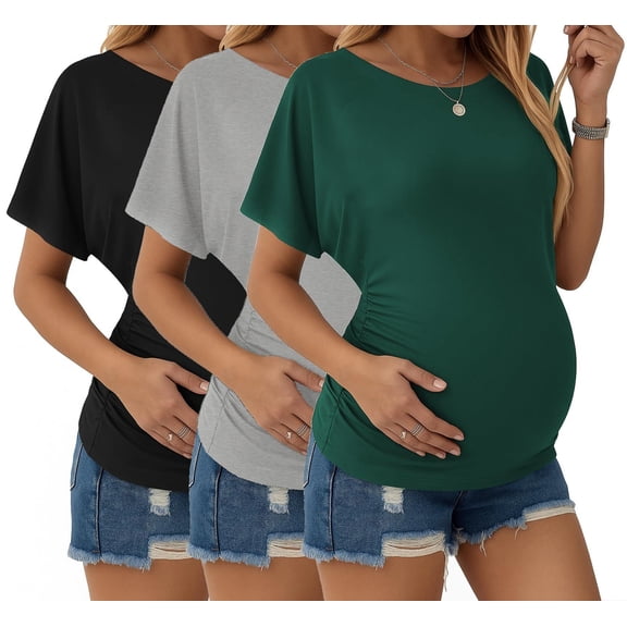 Ekouaer Maternity Shirts 3 Packs Dolman Sleeve Side Ruched Tops Tunic Casual Pregnancy Clothes