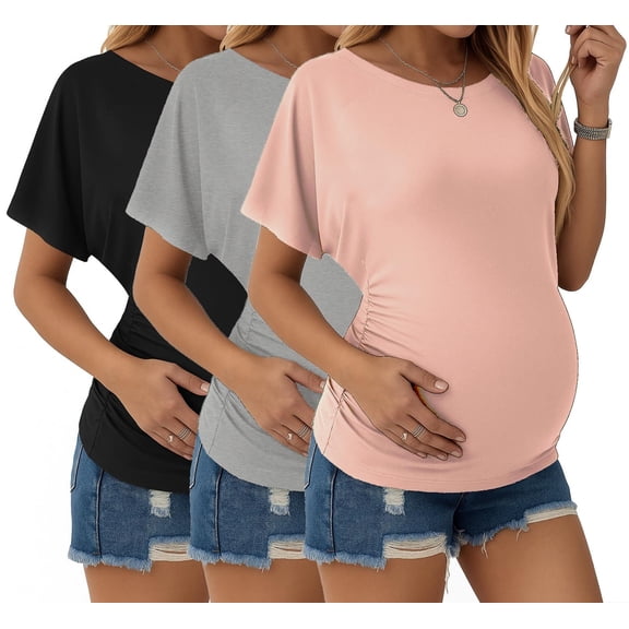 Ekouaer Maternity Shirts 3 Packs Dolman Sleeve Side Ruched Tops Tunic Casual Pregnancy Clothes