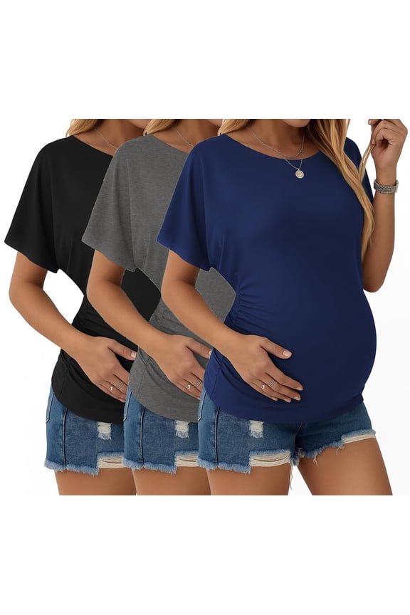 Maternity Shirts 3 Packs Dolman Sleeve Side Ruched Tops Tunic Casual Pregnancy Clothes