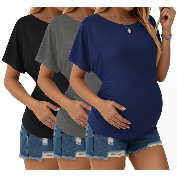 Ekouaer Maternity Shirts 3 Packs Dolman Sleeve Side Ruched Tops Tunic Casual Pregnancy Clothes