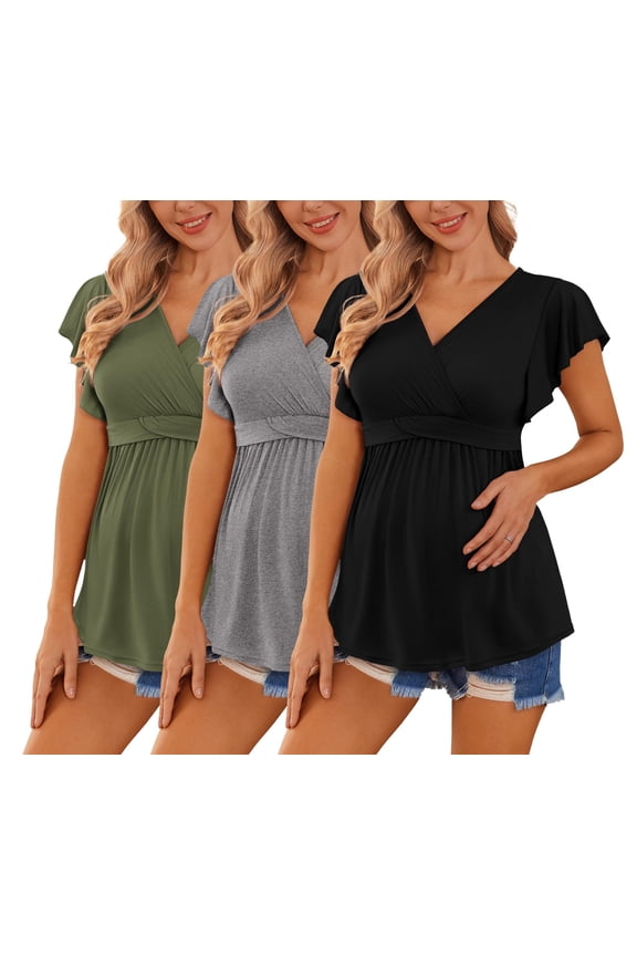 Maternity Shirts 3 Packs Flying Short Sleeve Nursing Tops Pregnancy Clothes Army Green + Grey + Black