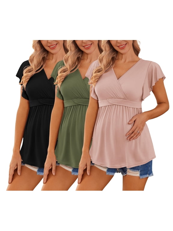 Maternity Shirts 3 Packs Flying Short Sleeve Nursing Tops Pregnancy Clothes Black+Pink+Army Green