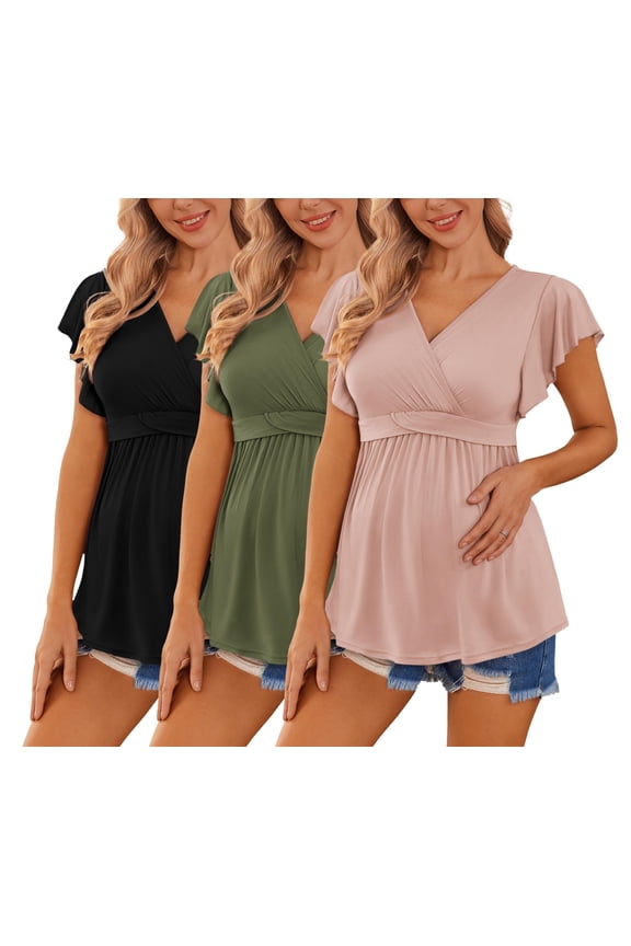 Maternity Shirts 3 Packs Flying Short Sleeve Nursing Tops Pregnancy Clothes Black+Pink+Army Green