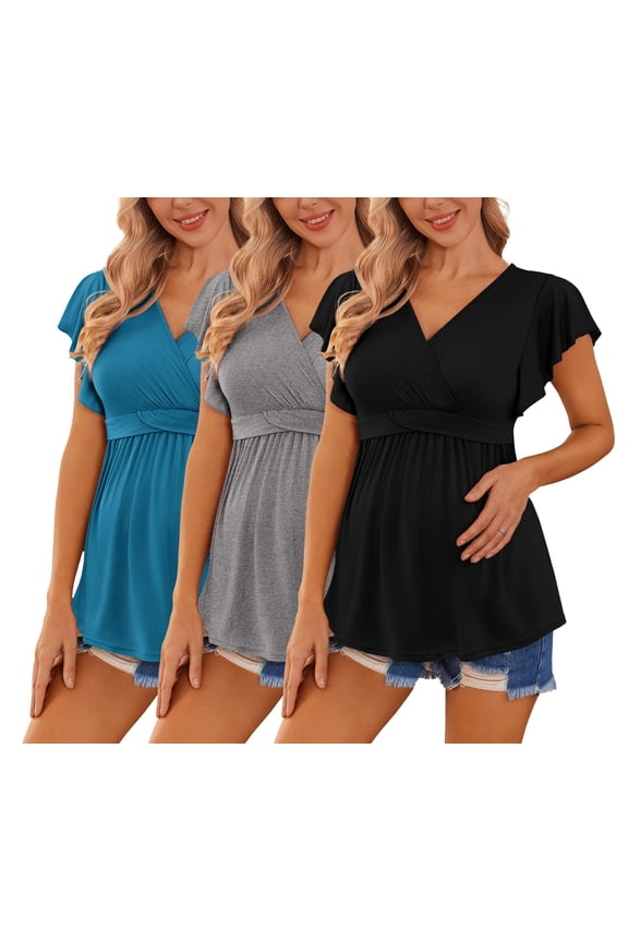 Maternity Shirts 3 Packs Flying Short Sleeve Nursing Tops Pregnancy Clothes Black+Grey+Lake Blue