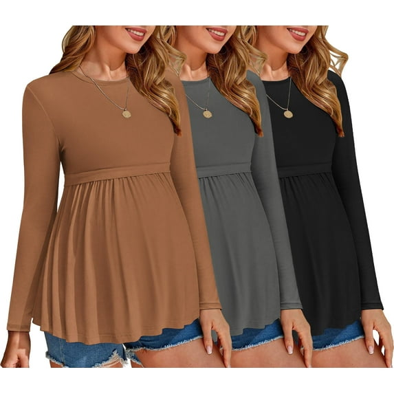 Ekouaer Maternity Shirts 3 Packs Pleated Long Sleeve Tops Tunic Casual Pregnancy Clothes