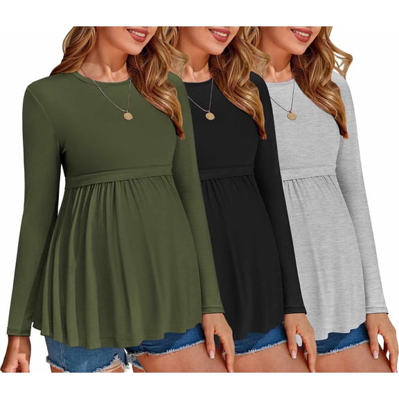 Ekouaer Maternity Shirts 3 Packs Tunic Long Sleeve Tops Pleated Casual Pregnancy Clothes Black/Pink/White M Black/Green/Light Grey M
