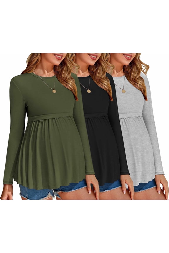 Maternity Shirts 3 Packs Tunic Long Sleeve Tops Pleated Casual Pregnancy Clothes Black/Pink/White M Black/Green/Light Grey M