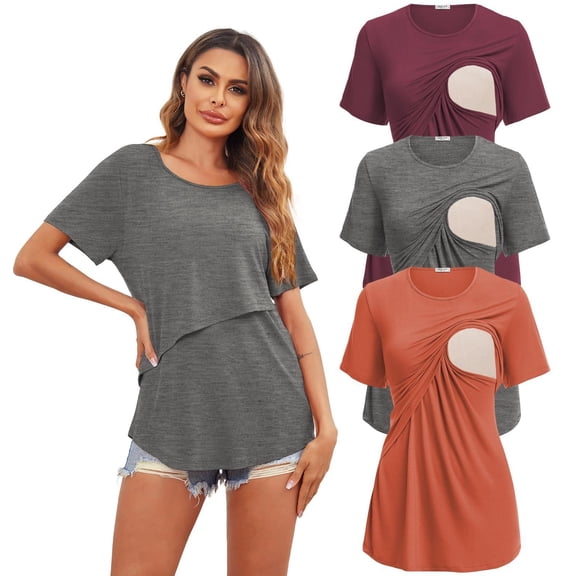 Ekouaer Women's Maternity Shirts Short Sleeves Nursing Tops 3 Pack Double Laye Breastfeeding Tees Pregnancy Clothes