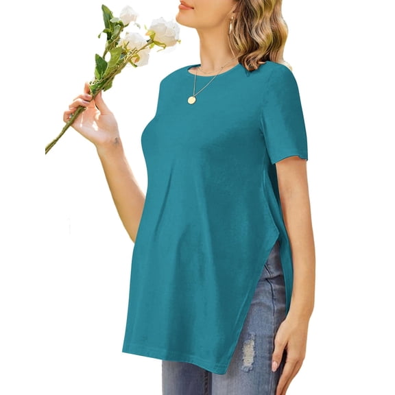 Ekouaer Maternity Shirts Short Sleeve Pregnancy Tops T Shirt Split Side Casual Crewneck Pregnant Tunic Tee Blouses Clothes White Medium Black S