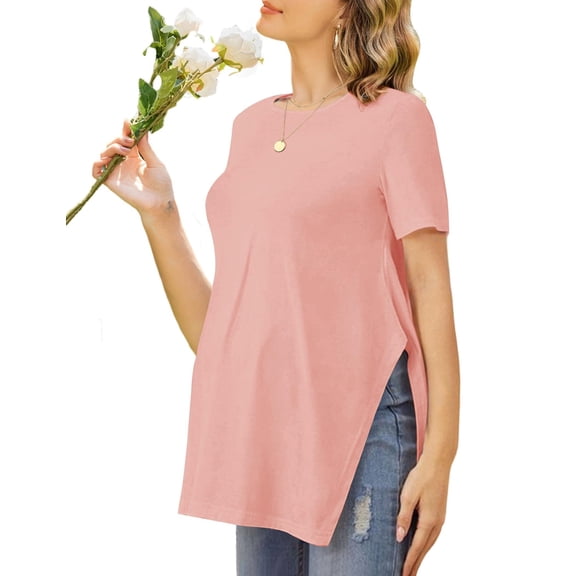 Ekouaer Maternity Shirts Short Sleeve Pregnancy Tops T Shirt Split Side Casual Crewneck Pregnant Tunic Tee Blouses Clothes White Medium Black S