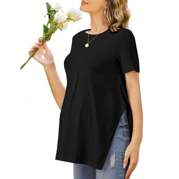 Ekouaer Maternity Shirts Short Sleeve Pregnancy Tops T Shirt Split Side Casual Crewneck Pregnant Tunic Tee Blouses Clothes White Medium Black S