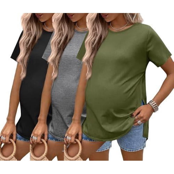 Ekouaer Maternity Shirts Short Sleeve Pregnancy Tops T Shirt Split Side Casual Crewneck Pregnant Tunic Tee Blouses Clothes White Medium Black S