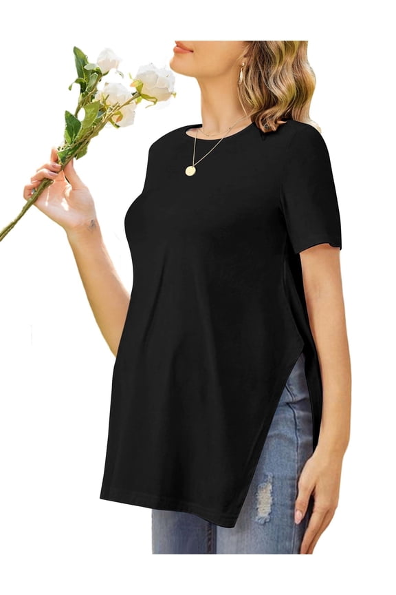 Women's Maternity Shirts Short Sleeve Pregnancy Tops Blouses Split Side Casual Crewneck Pregnant Tunic Tee