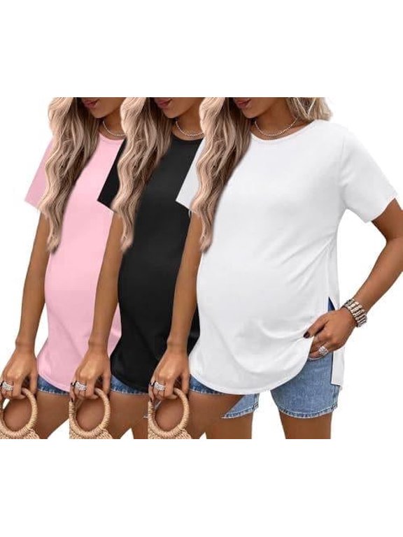 3 Pack Maternity Shirts Short Sleeve Split Side Pregnancy Tops Casual Pregnant Tunic Blouse