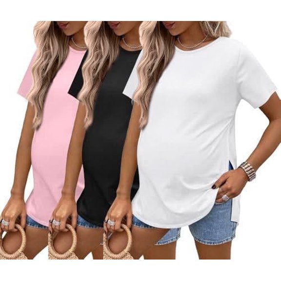 Ekouaer Maternity Shirts Short Sleeve Pregnancy Tops T Shirt Split Side Casual Crewneck Pregnant Tunic Tee Blouses Clothes White Medium GP1 M