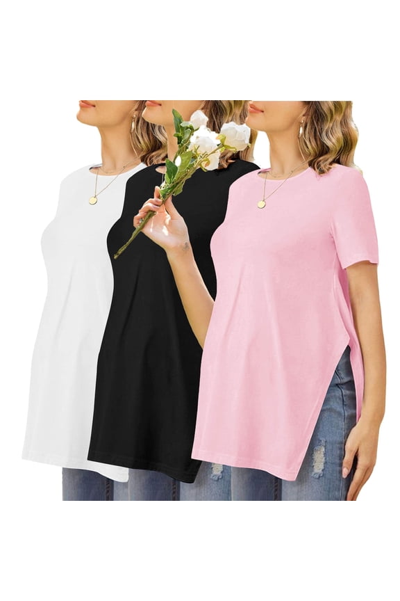 3 Pack Maternity Shirts Short Sleeve Split Side Pregnancy Tops Casual Pregnant Tunic Blouse