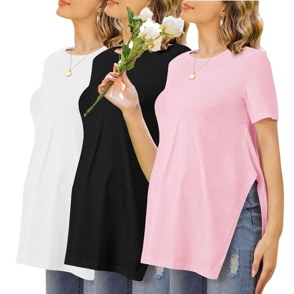 Ekouaer Maternity Shirts Short Sleeve Pregnancy Tops T Shirt Split Side Casual Crewneck Pregnant Tunic Tee Blouses Clothes White Medium GP1 XL