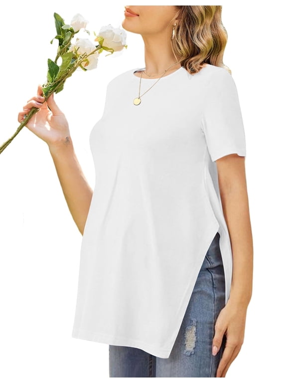 Women's Maternity Shirts Short Sleeve Pregnancy Tops Blouses Split Side Casual Crewneck Pregnant Tunic Tee