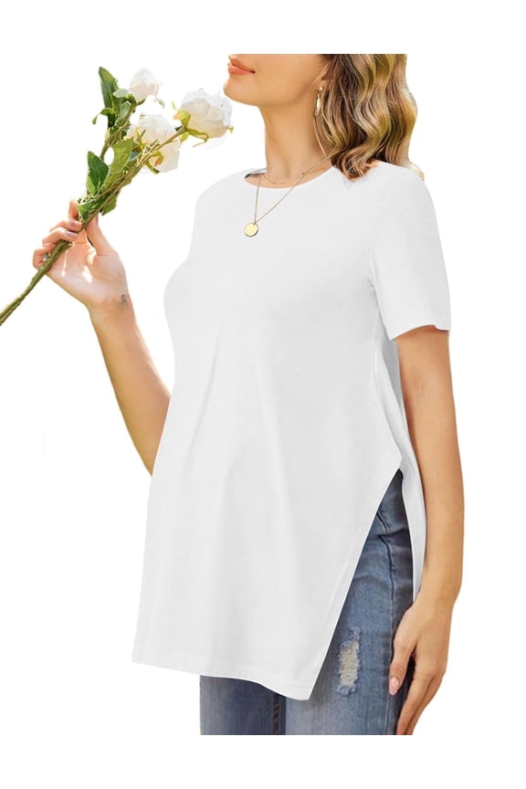 Maternity Shirts Short Sleeve Pregnancy Tops T Shirt Split Side Casual Crewneck Pregnant Tunic Tee Blouses Clothes White Medium Off-white M