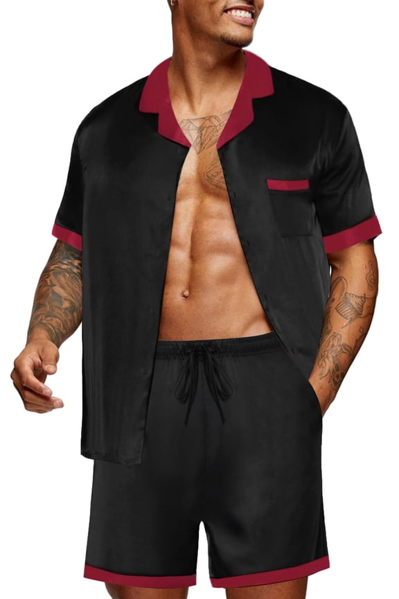 Men Satin Silk Pajamas Set with Pockets Sleepwear Shorts Satin Summer Loungewear 2 Piece Button Down Set