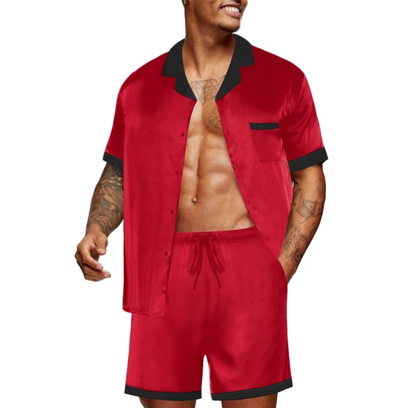 Ekouaer Men Satin Silk Pajamas Set with Pockets Sleepwear Shorts Satin Summer Loungewear 2 Piece Button Down Set