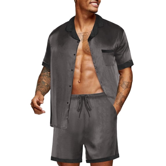Ekouaer Men Satin Silk Pajamas Set with Pockets Sleepwear Shorts Satin Summer Loungewear 2 Piece Button Down Set