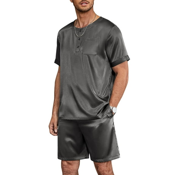 Ekouaer Men Silk Pajamas Set 2 Piece Pjs Soft Satin Sleepwear Shorts Button Down Tops Loungewear with Pockets