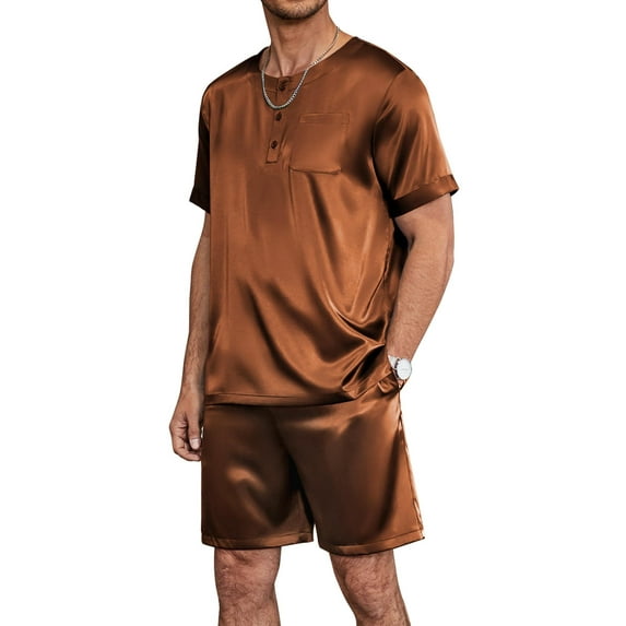 Ekouaer Men Silk Pajamas Set 2 Piece Pjs Soft Satin Sleepwear Shorts Button Down Tops Loungewear with Pockets