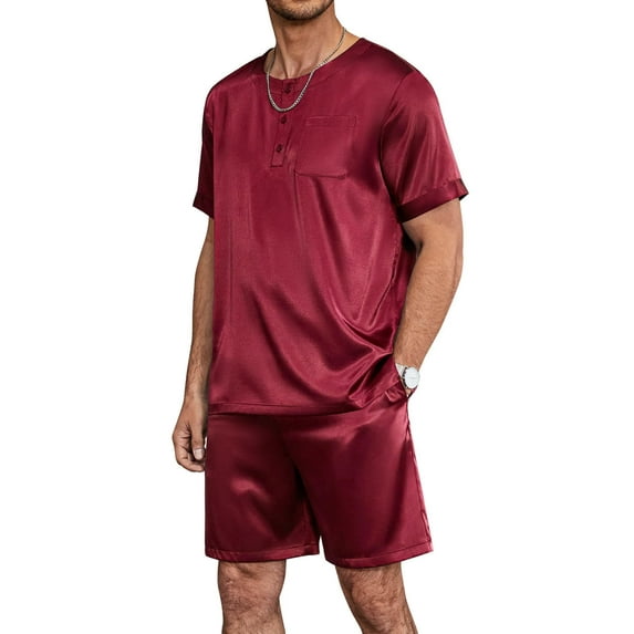 Ekouaer Men Silk Pajamas Set 2 Piece Pjs Soft Satin Sleepwear Shorts Button Down Tops Loungewear with Pockets