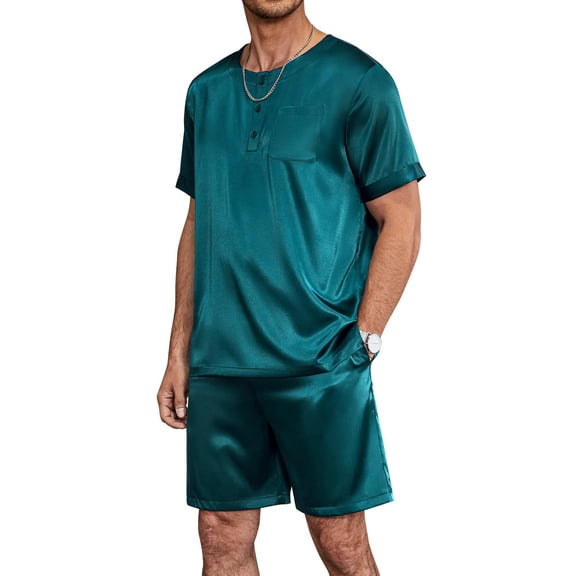 Ekouaer Men Silk Pajamas Set 2 Piece Pjs Soft Satin Sleepwear Shorts Button Down Tops Loungewear with Pockets