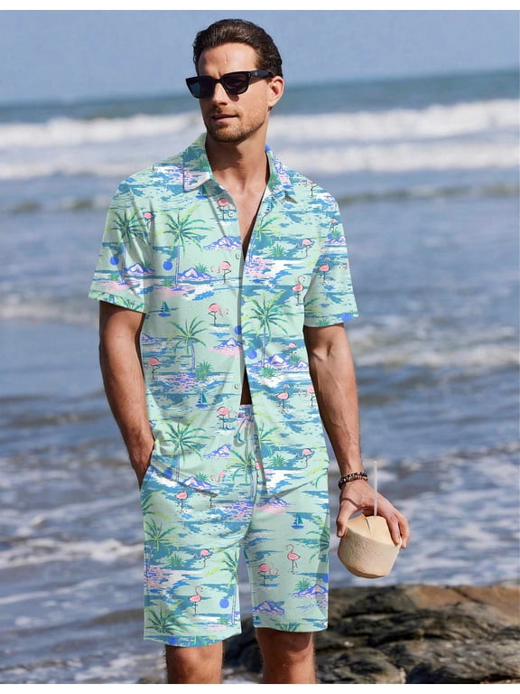 Men's Hawaiian Shirt and Shorts Sets 2 Piece Beach Outfits Button Down Summer Pajamas Set Vacation Lounge Sets