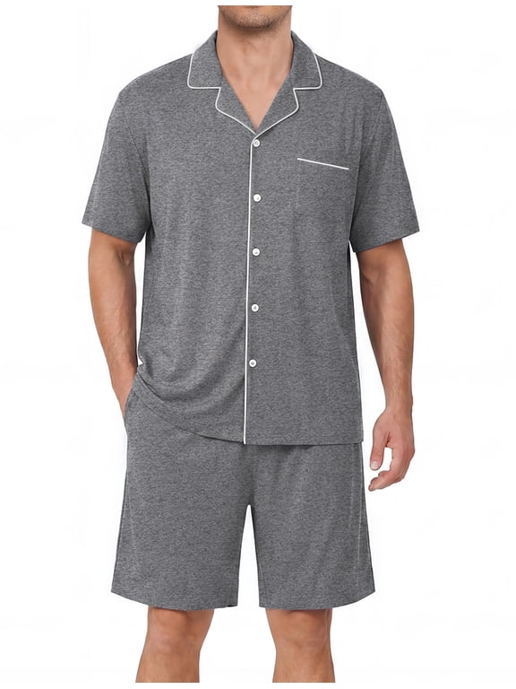 Mens Pajamas Set Summer Short Sleeve Button Up Pjs 2 Piece Sleepwear with Pockets