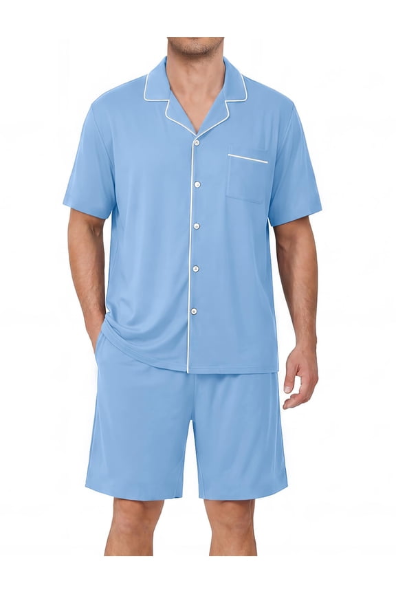 Mens Pajamas Set Summer Short Sleeve Button Up Pjs 2 Piece Sleepwear with Pockets